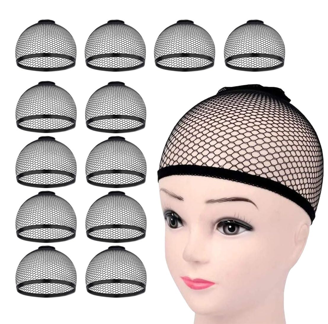 Mesh Net Wig Cup,12 Pack Nylon Wig Caps for Women and Men (12pcs, net-black)