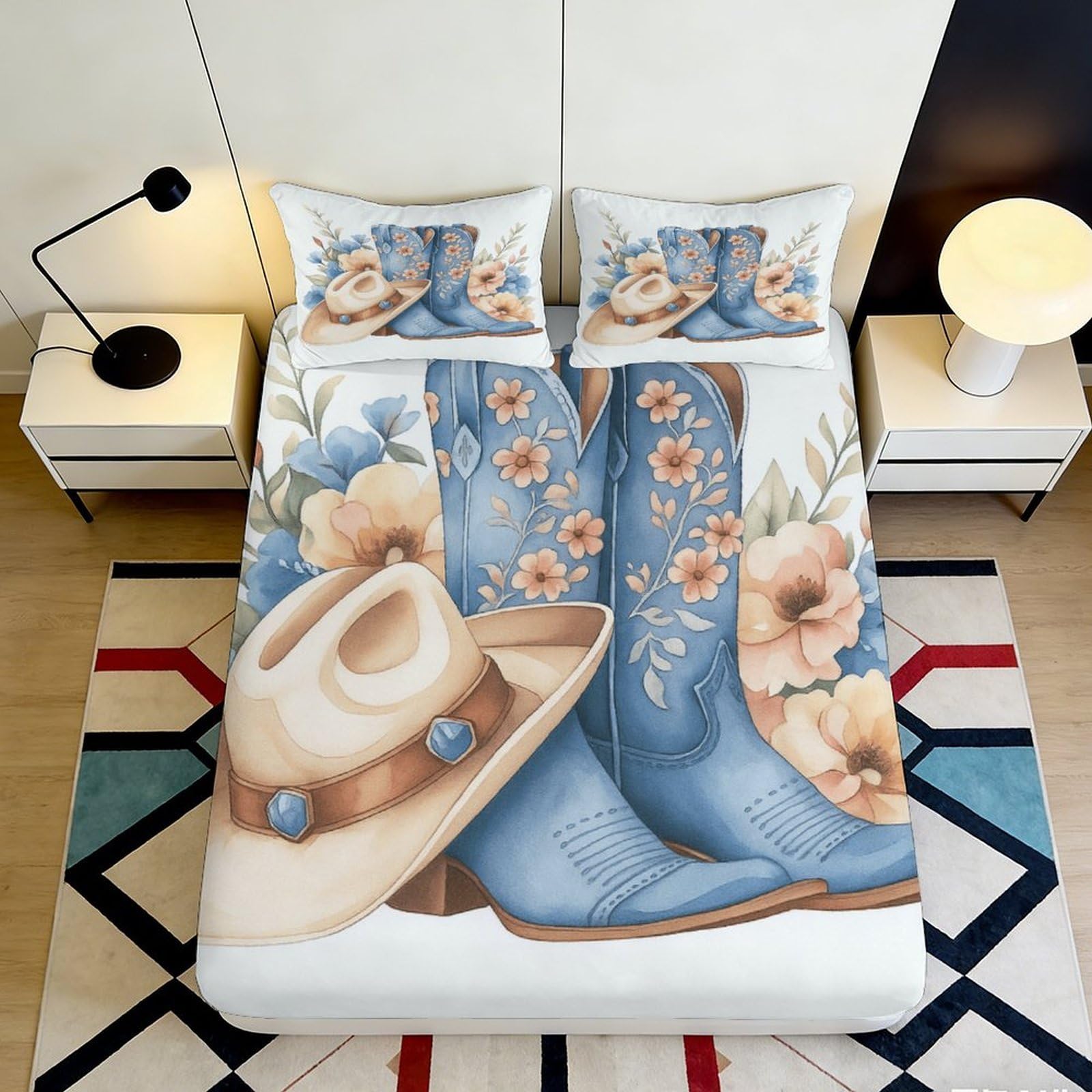Uynsixtme Style-9 3D Printed Cowboy Floral Fitted Sheet Microfiber Non-Slip Deep Pocket Western Style Mattress Fitted Cover Bedroom Bedding 140X200x25cm