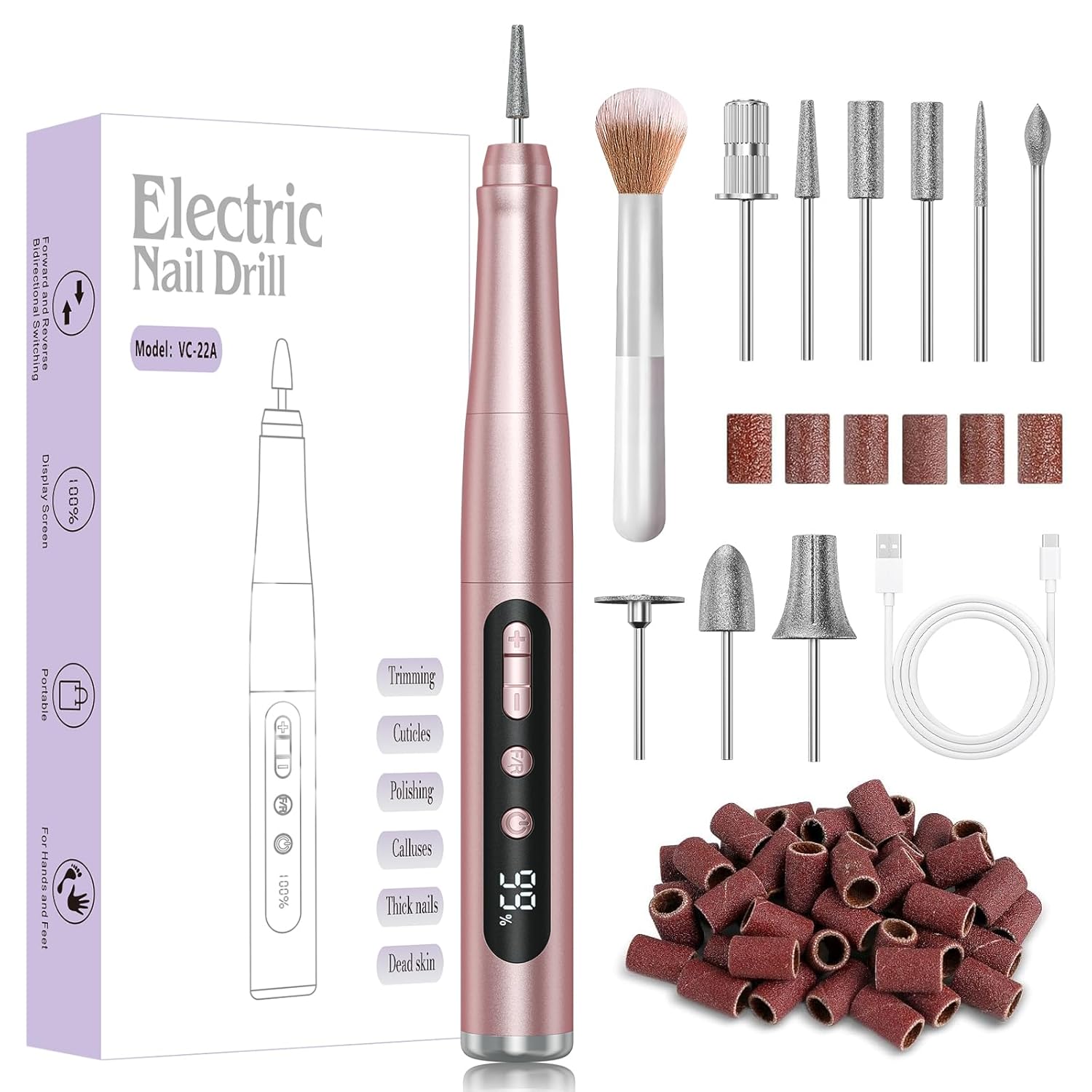 Cordless Nail Drill 35000RPM, Portable Electric Nail File for Acrylic Gel Nails, Professional Manicure Pedicure Kit, Rechargeable Pedicure Tools for feet with LCD Display, Low Noise Low Vibration