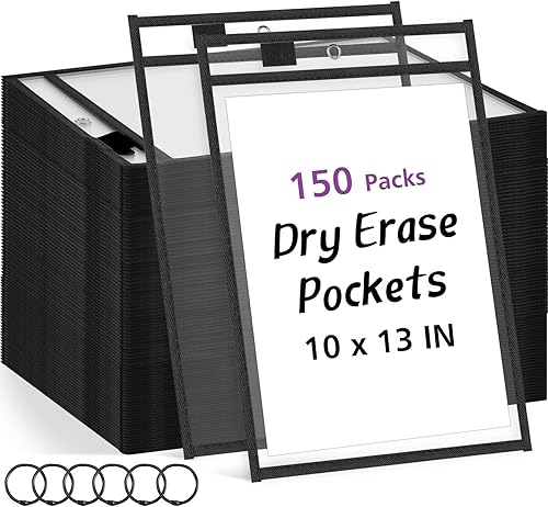 150 bolsillos de borrado en seco, fundas de bolsillo transparentes de 10 x 13 pulgadas con 18 anillos reutilizables de gran tamaño para boletos de