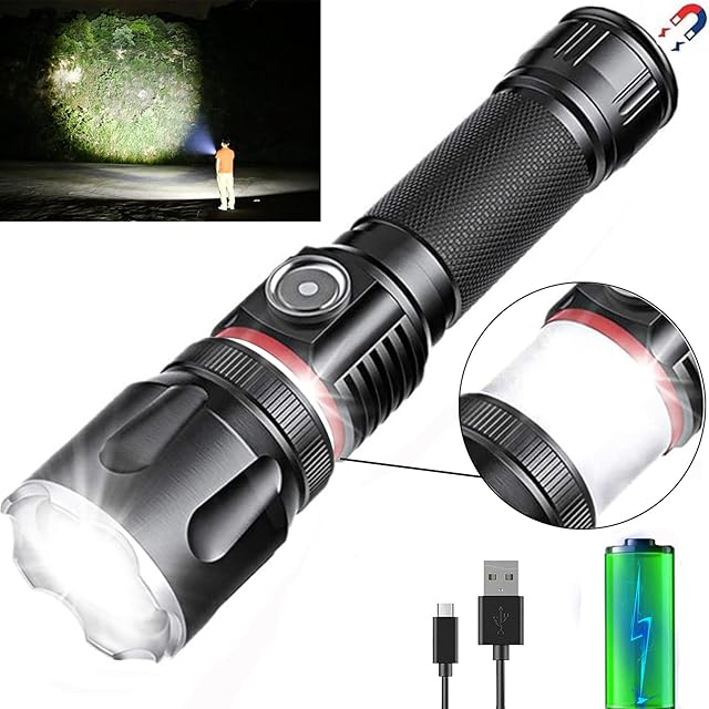 PUNLIM Rechargeable Torch, Portable Ultra Brightest LED Torch Flashlight, Magnetic Work Light with 360°COB Light, Zoomable, Waterproof, 4 Modes Lights for Camping Hiking Emergency(1 Pack)