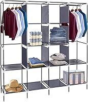 Vista 4 de 67" Portable Wardrobe Closet, Wardrobe Closet for Hanging Clothes with 2 Hanging Rods, 12 Clothes Storage Organizer Shelves, Non-Woven Fabric Grey