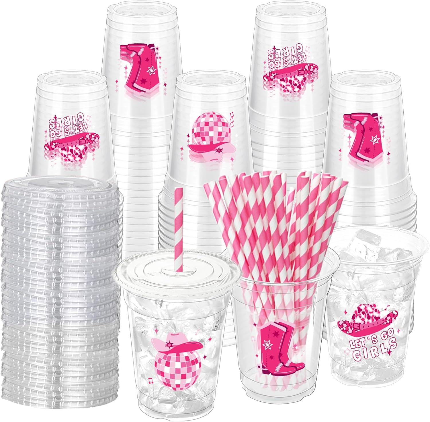 100 Sets Pink Cowgirl Disco Plastic Cups with Staws & Lids, 12 oz Western Cowgirl Disposable Cups Cowgirl Clear Party Cups for Western Party Birthday Baby Shower Last Rodeo Supplies