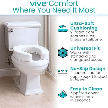 Vive Toilet Seat Cushion (Soft Cushioned Foam) - Easy Clean Soft Padded Bathroom Attachment - Elongated, Standard Seats - Comfort & Support Donut for Handicap Adults