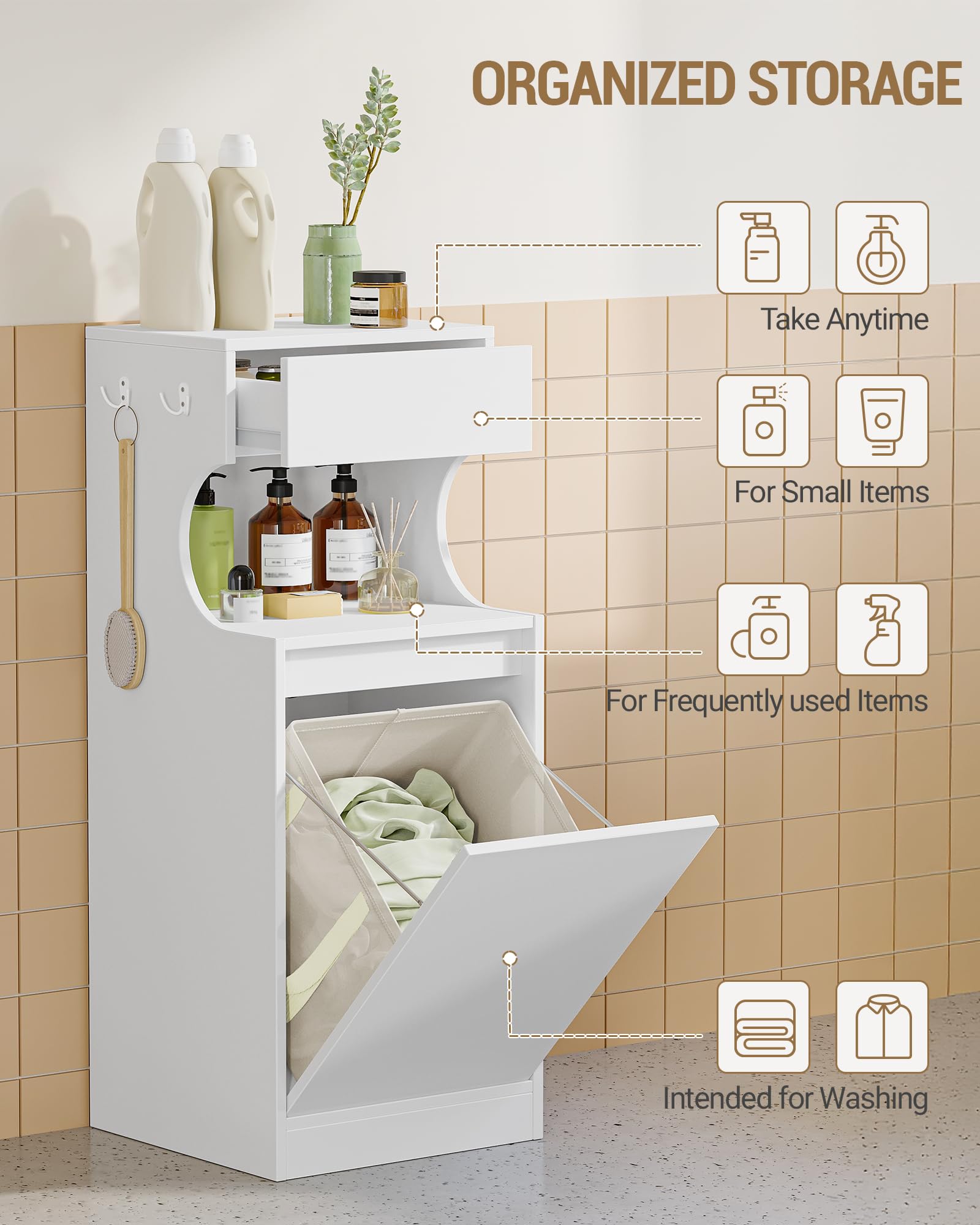 Hzuaneri Mobile Bagno, Mobiletto Bagno Salvaspazio, Con cesto portabiancheria pieghevole, per Bagnos, Soggiorno, lavanderia, 40 x 40 x 100 cm, Bianco BC42003X