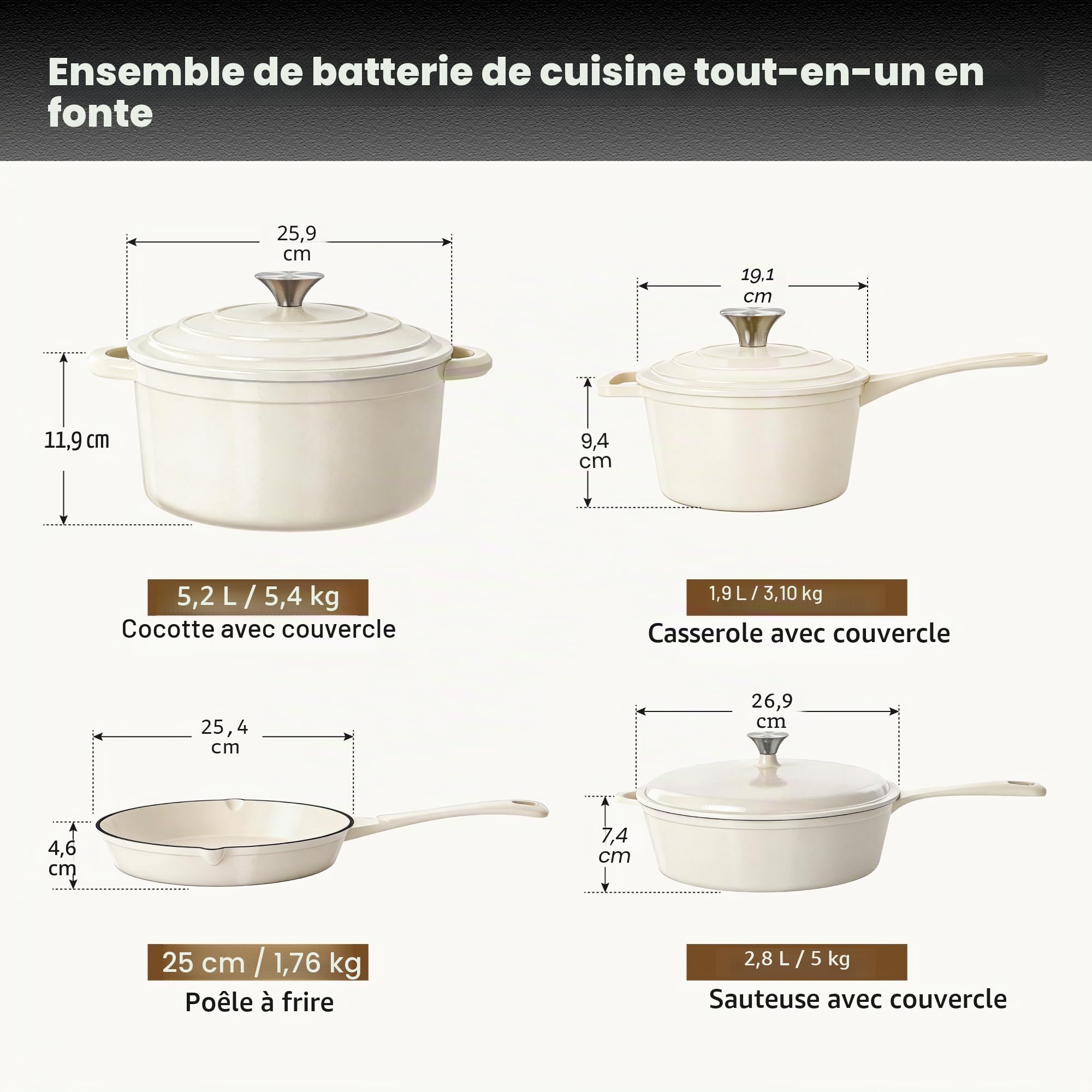 Kitchen Academy Lot de 7 Casseroles en Fonte émaillée Induction Beige Casseroles et Poêles Antiadhésif, Cocotte Fonte Émaillée avec Couvercle non Toxique Batterie de Cuisine Tous Feux