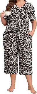 Lastshe Plus Size Womens Pajama Set 2 Piece V Neck Short Sleeve Capri Pants Loungewear Pjs Lounge Set Knit Soft with Pockets