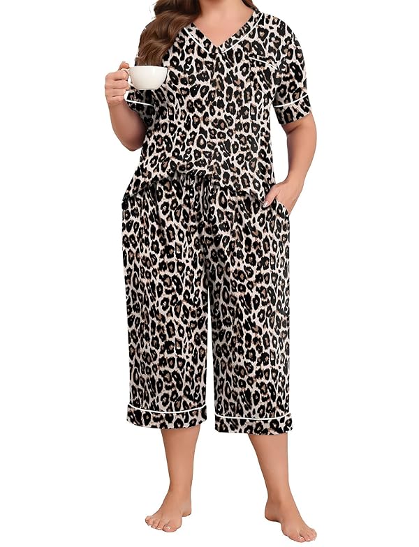Lastshe Plus Size Womens Pajama Set 2 Piece V Neck Short Sleeve Capri Pants Loungewear Pjs Lounge Set Knit Soft with Pockets,Leopard Spots-1X by Lastshe - Used condition - US$21.38