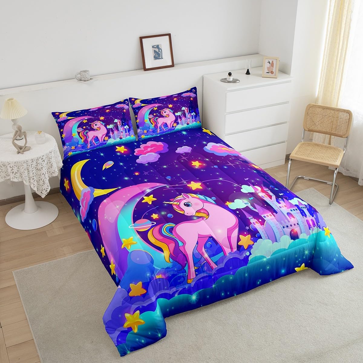 Galaxy Star Cartoon Unicorn Bedding Set Full, Girls Cute Unicorn Bedding Set Cartoon Unicorn Comforter Set for Kids Toddler Fairy Dreamy Horse Duvet Set Microfiber Quilt Set