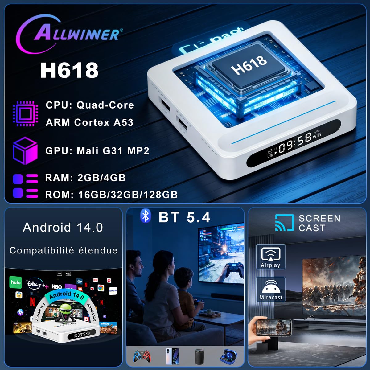 Android 14.0 TV Box, 4Go RAM 128Go ROM, LEFFOT 4K Ultra HD Boîtier TV ﻿ | Boitier IP-TV Android, Support Décodage 8K, Contrôle Vocale, WiFi 6, BT 5.4, 100M Ethernet, HDR10,H618 Quad-core A53