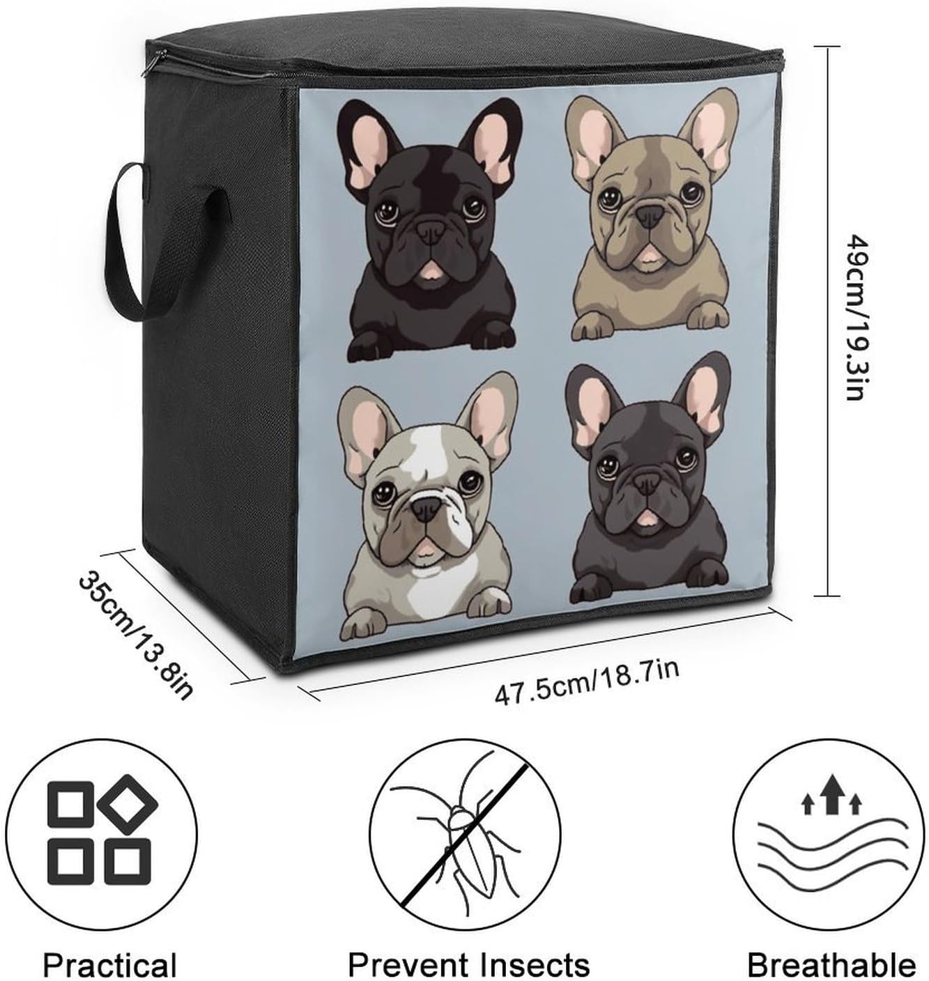 French Bulldog Storage Bag with Zippers And Handle Extra Large Bedding Comforter Storage Bag Foldable Blanket Storage Bags Fabric Moving Bags for Closet Organizer (70L)
