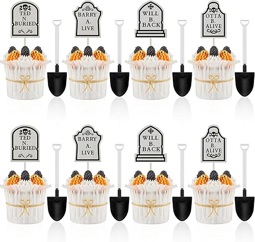 48 piezas de lápida de Halloween para pasteles, decoración de cupcakes y mini cucharas con forma de pala para suministros de fiesta de Halloween