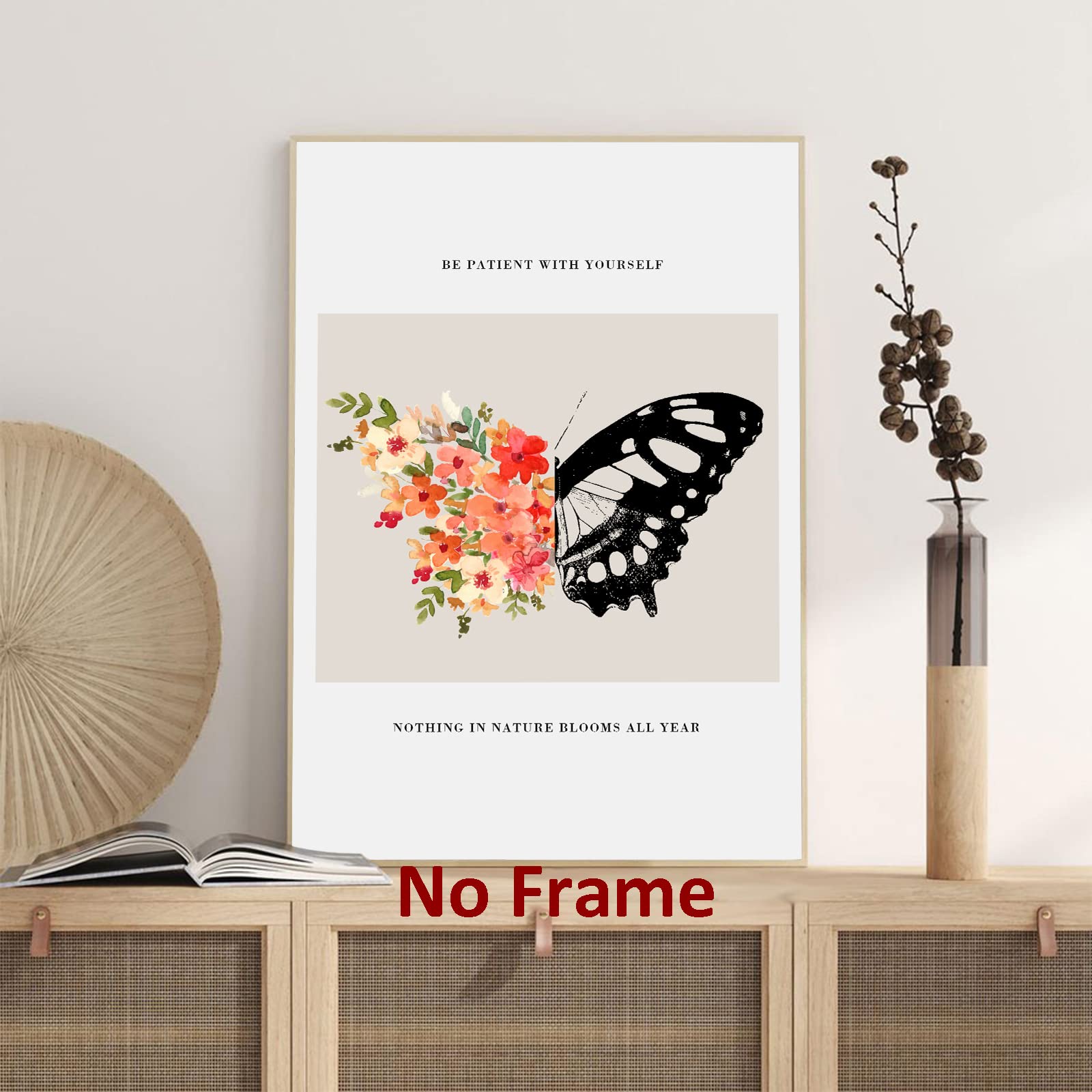 Be Patient With Yourself Wall Art – Butterfly Flower Watercolor Poster, 16x24 Inches, Frameless