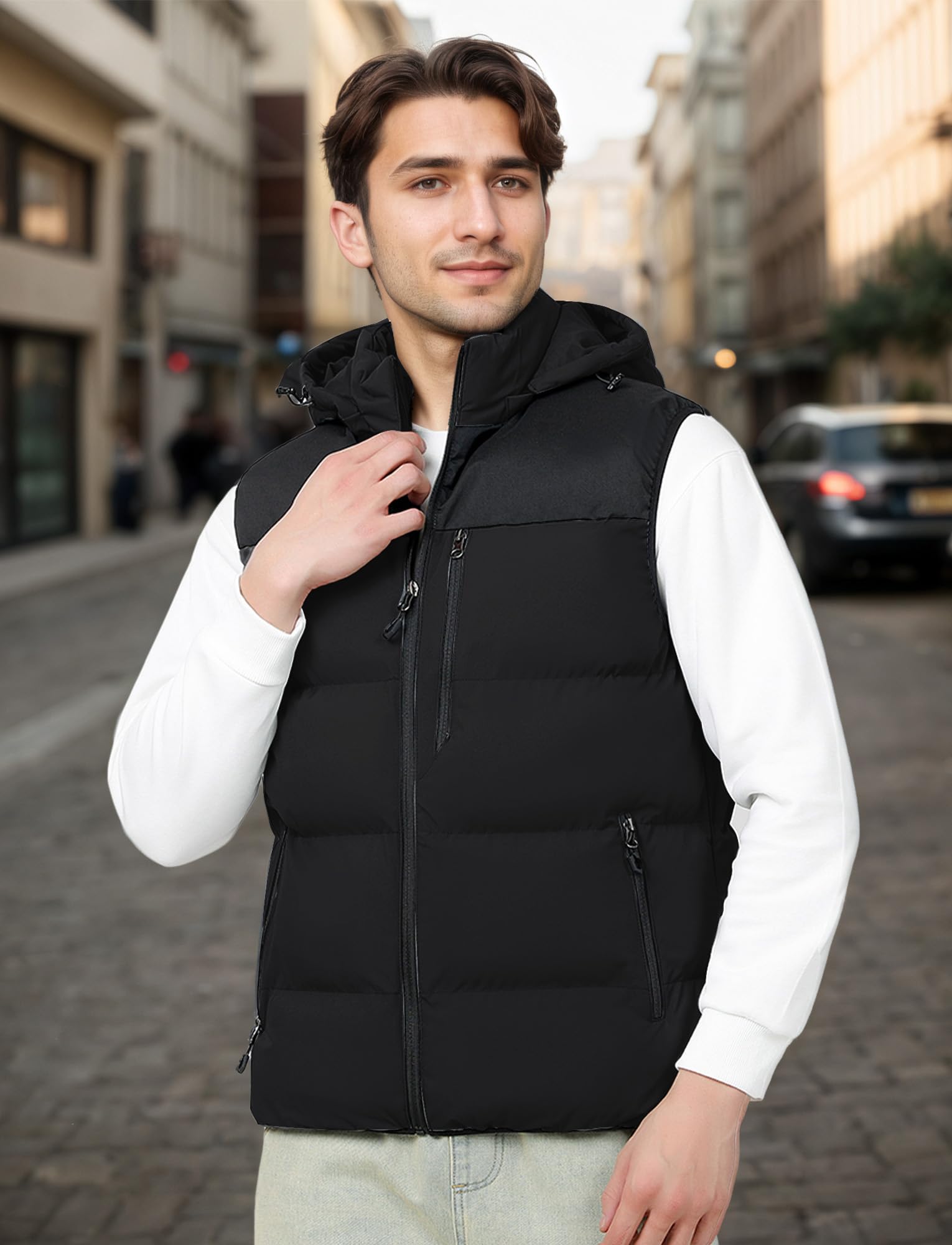 AIEOE Herren Winterweste Casual Farbblock Steppweste Verdickter Thermo Outdoorweste mit Kapuze EU XL