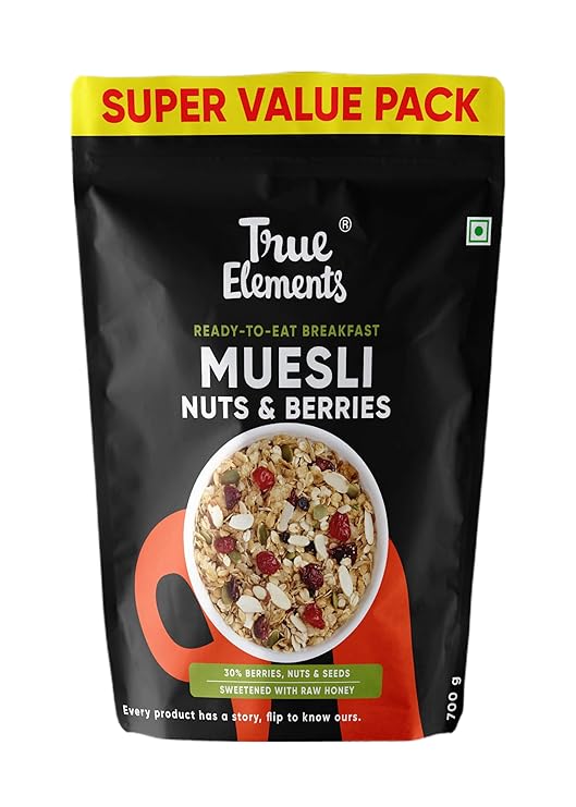 True Elements Muesli Nuts & Berries 700g - With 14% Millets, Almonds & Cranberries | Muesli Nuts Delight | Breakfast Cereal | 100% Wholegrain