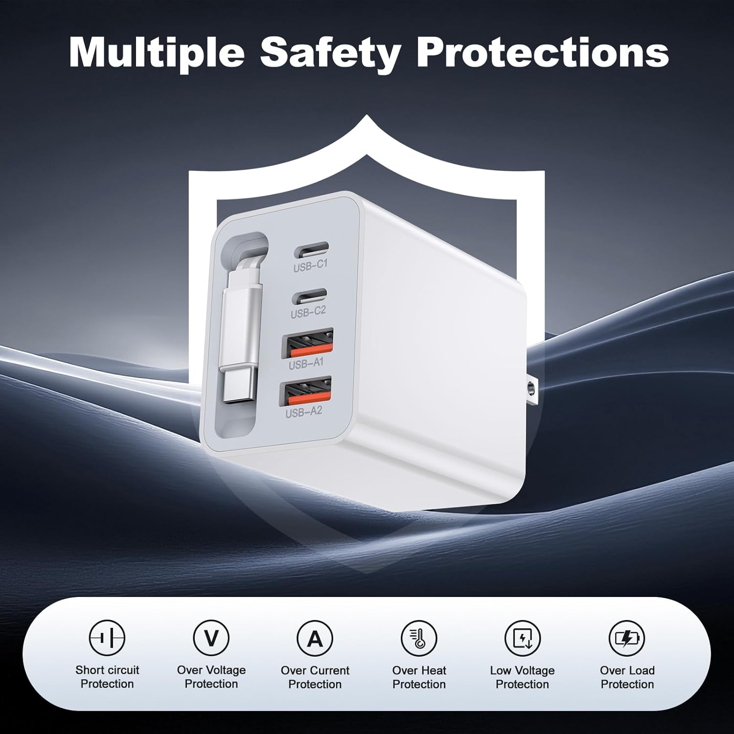 2Pack 5-in-1 Retractable Phone Charger, 5-Port USB C Charger Block, Phone Chargers Fast Charging with USB C Cable, Retractable Wall Charger with Foldable Plug for 17/16/15 Pro Max,iPad,Galaxy,Pixel - Image 7