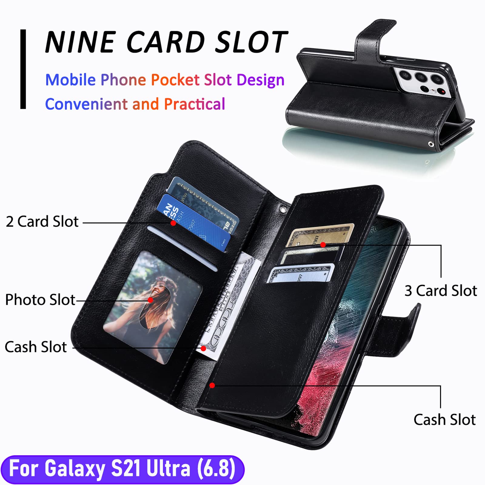 LMDAMZ for Galaxy S21 Ultra 6.8 Inch Wallet Case [3+ Card Slots] ID Business Card Credit Card Slot Carry Pouch with Stand Double Sided Multi-Card Slot Flip Folding PU Wallet Leather Case (Black)