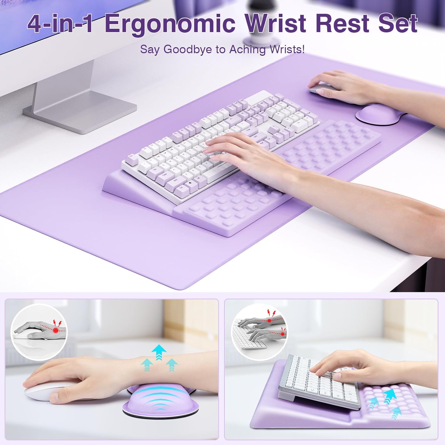 Ospelelf Keyboard Wrist Rest Stand Pad and Ergonomic Mouse Pad Set with Large Mousepad, Memory Foam Comfort, Premium Office Desk Accessories for Pain Relief, Purple