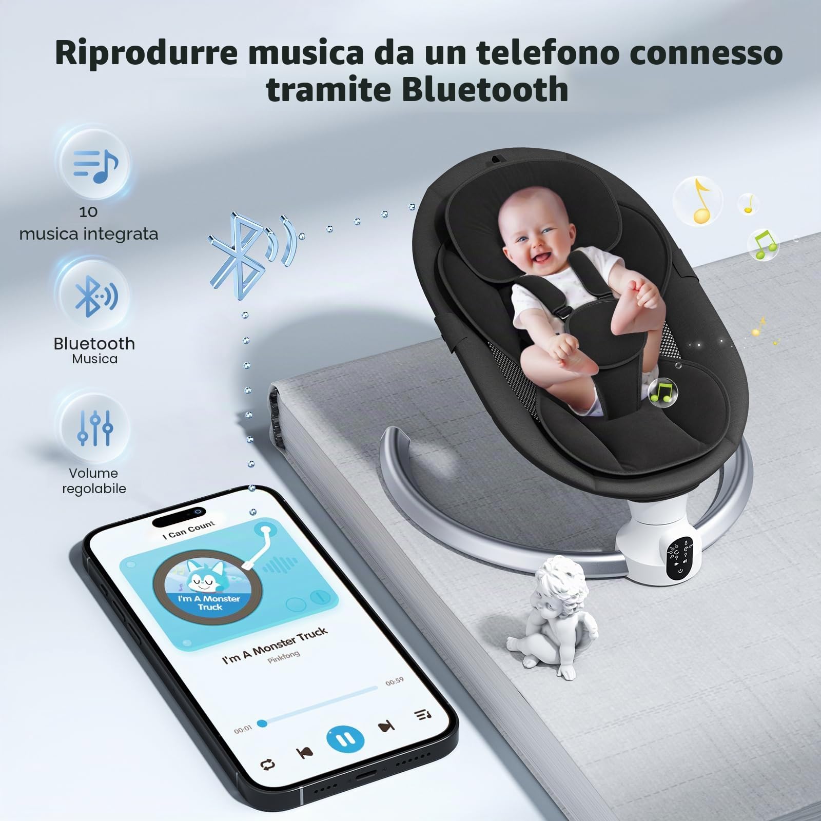 Altalena per neonati, dondolo elettrico per bambini con app e telecomando, imbracatura a 5 punti aggiornata, 10 musiche Bluetooth e 5 velocità, resiste a 9 kg