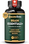 ALL-IN-ONE Brain Supplement | Lion’s Mane, Ashwagandha & Bacopa Monnieri | Natural Nootropic for Focus, Stress Relief & Memory Boost | Brain Essentials+ by BarnHerbs | 180 Capsules | Made in Canada