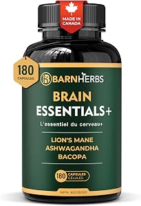 ALL-IN-ONE Brain Supplement | Lion’s Mane, Ashwagandha & Bacopa Monnieri | Natural Nootropic for Focus, Stress Relief & Memory Boost | Brain Essentials+ by BarnHerbs | 180 Capsules | Made in Canada