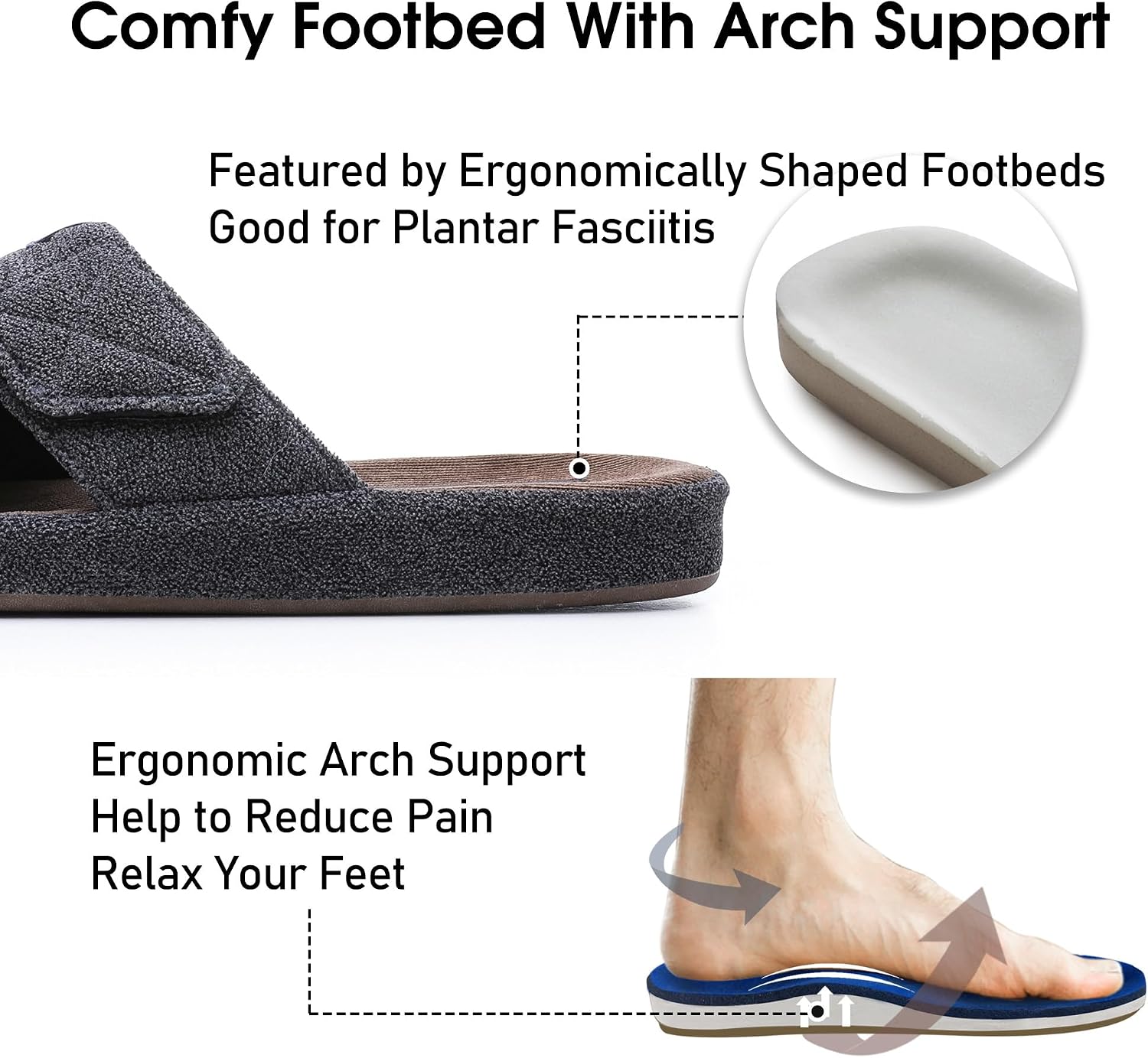 House Slippers for Men Open Toe with Low Arch Support Rubber Sole