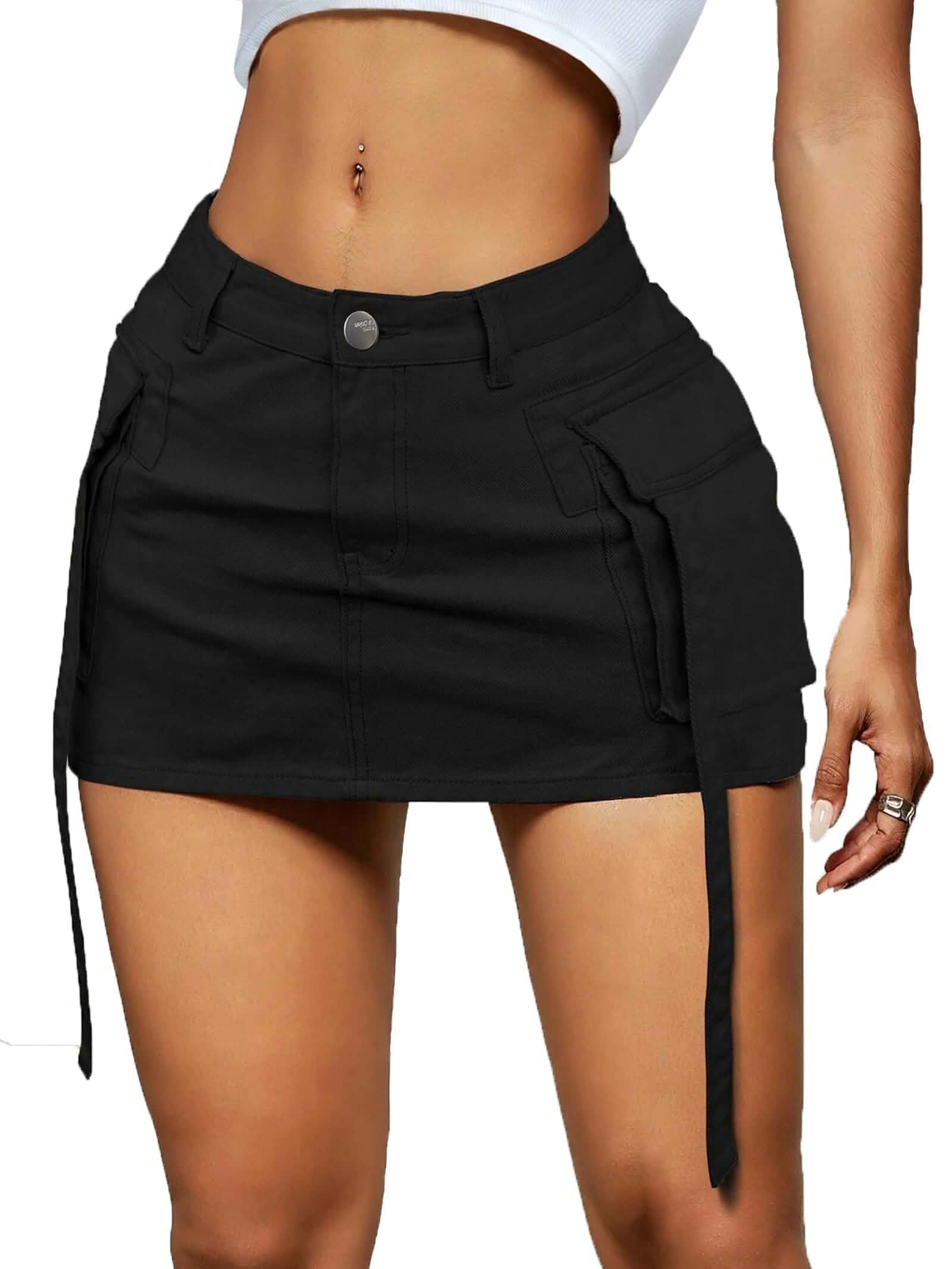 LOLILRSD Women Cargo Skirt Denim Mini Low Waist Y2K Jean Skirt with Pockets Stretch Denim for Bodycon Fit, Roomy Pockets for Phone & Essentials, Y2K Streetwear for Festivals & Concerts