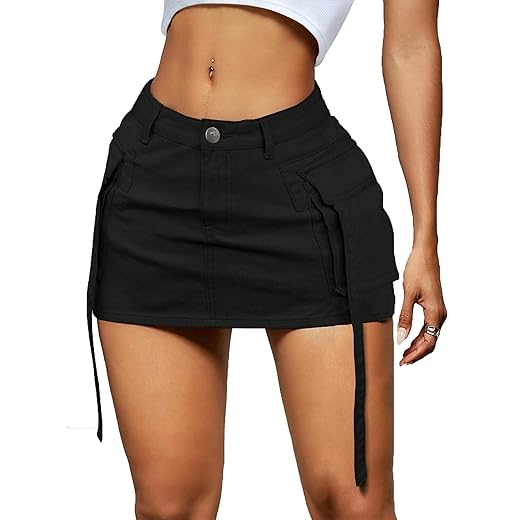 Women Cargo Skirt Denim Mini Low Waist Y2K Jean Skirts with Pockets