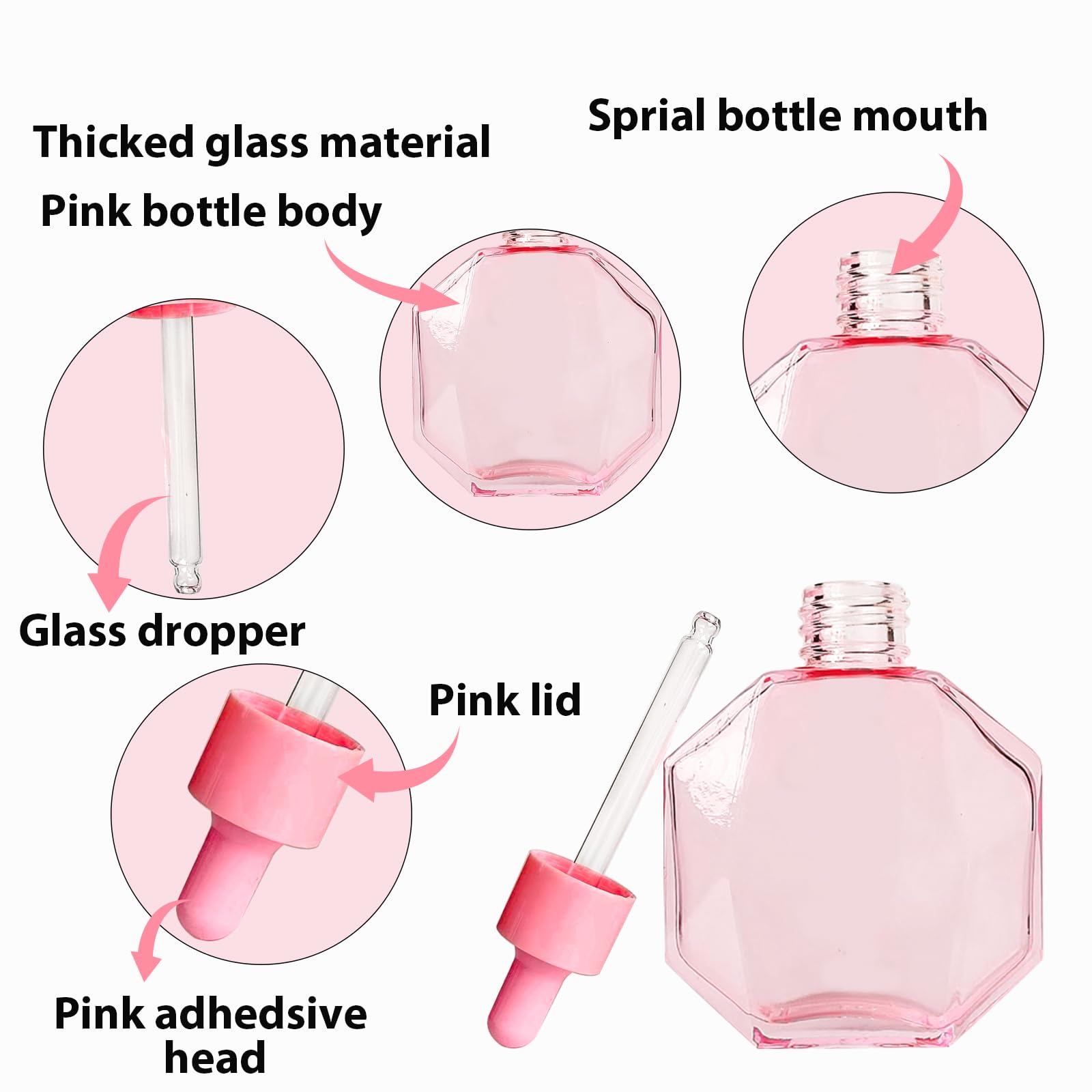 Botellas de vidrio rosa con cuentagotas de 50 ml, 6 botellas de vidrio de diamante con cuentagotas, para aceites esenciales, sueros de perfume, sueros y otros líquidos (-rosa, 50 ml)