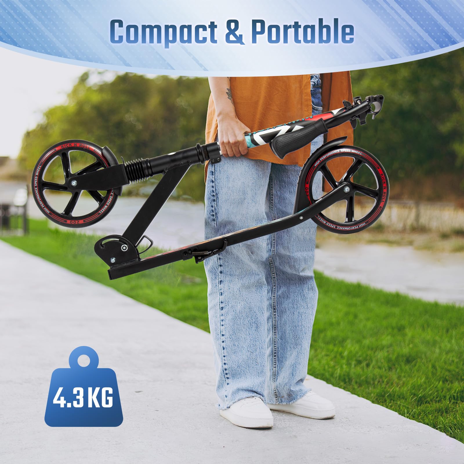 Leogreen Trottinette Scooter Pliable Trottinette Stableen Aluminium Noir | Hauteur de Guidon Réglable, avec Béquill, Roues à 205 mm, pour Adultes et Adolescents à 100kg