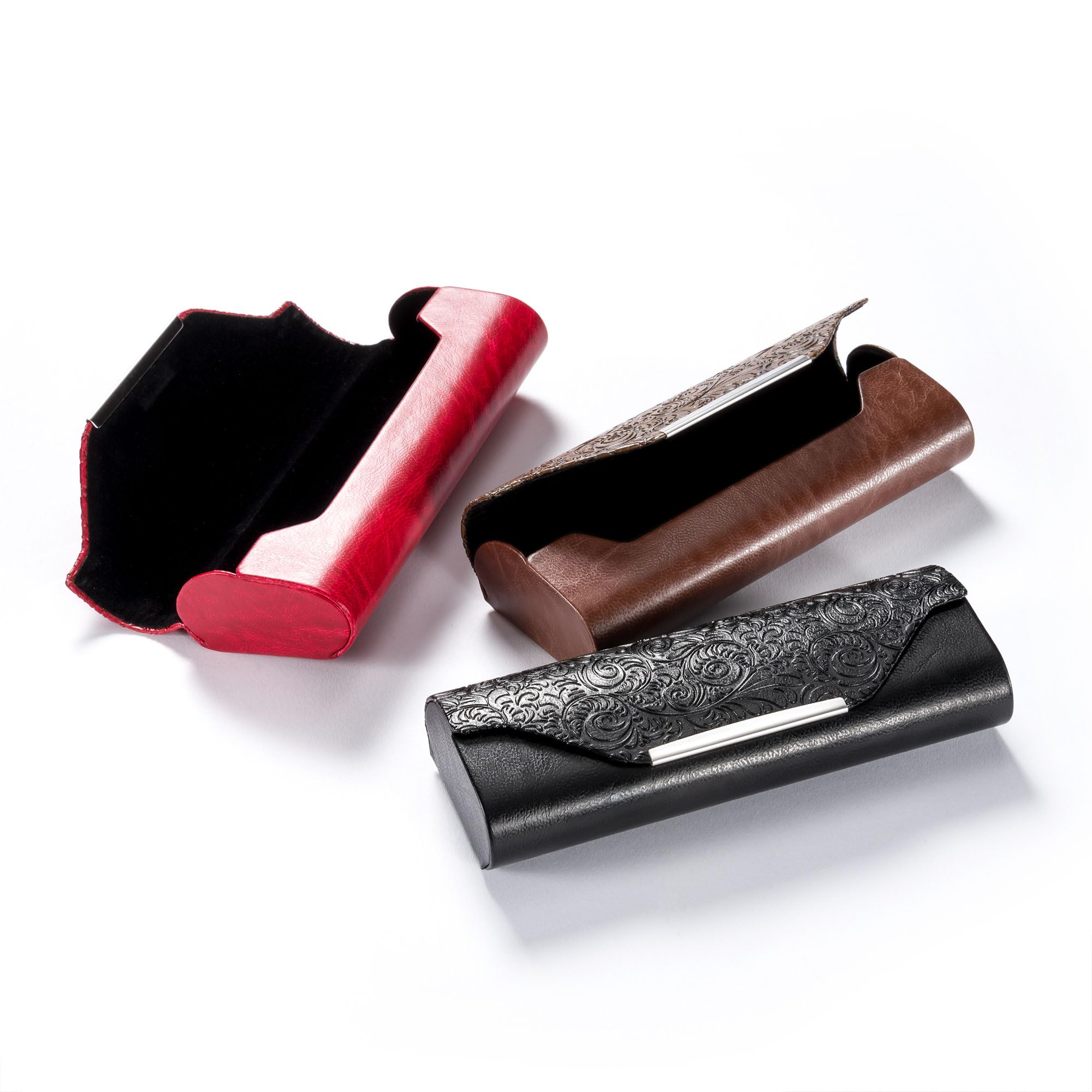 FEFI Brillenetui Hardcase - Edles Design in Relief-Leder-Optik mit Chrom-Applikation, robust und langlebig, inkl. hochwertigem Mikrofasertuch