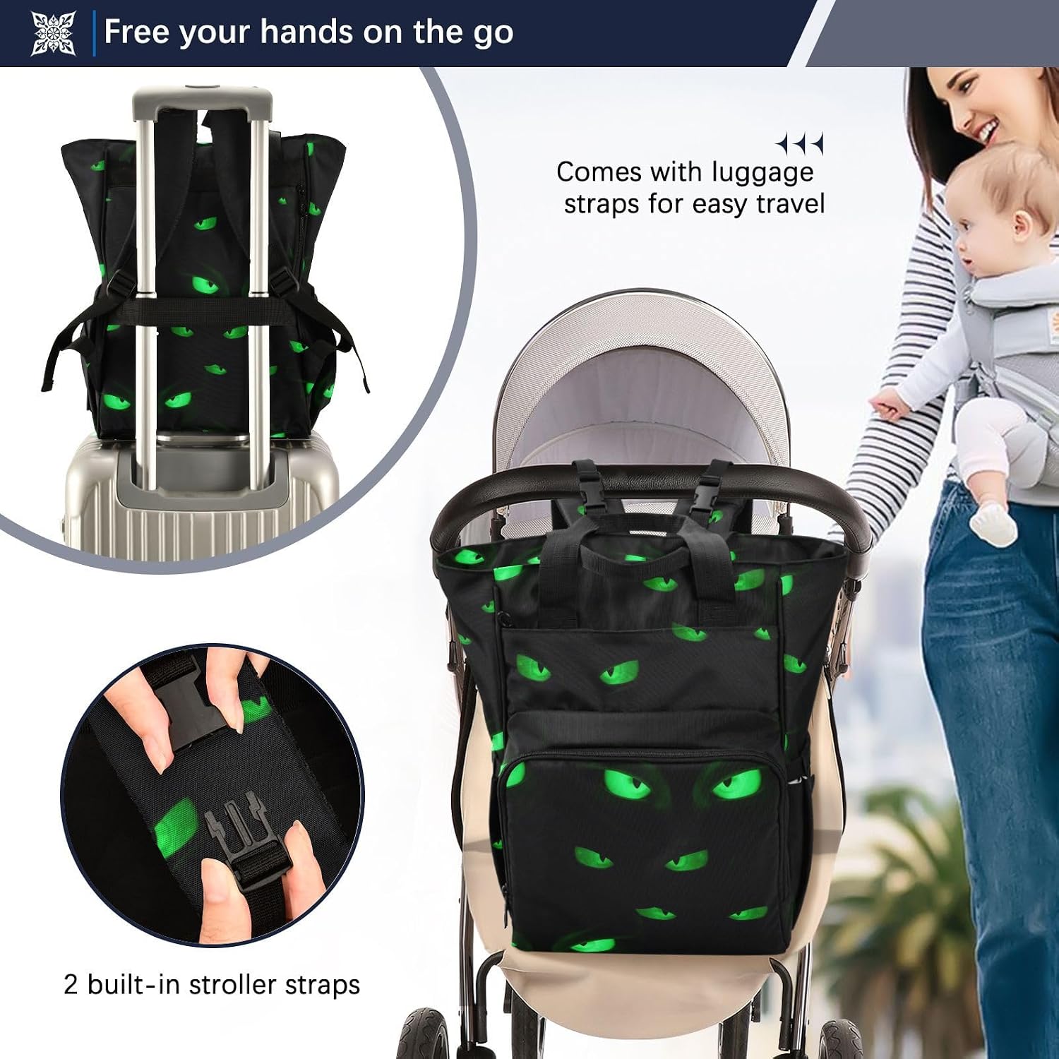 Diaper Bag Backpack, Glowing Eyes Horror Baby Diaper Bag - Waterproof Multifunction Travel Diaper Bag with Pacifier Case, Stroller Straps & Insulated Pocket - Unisex