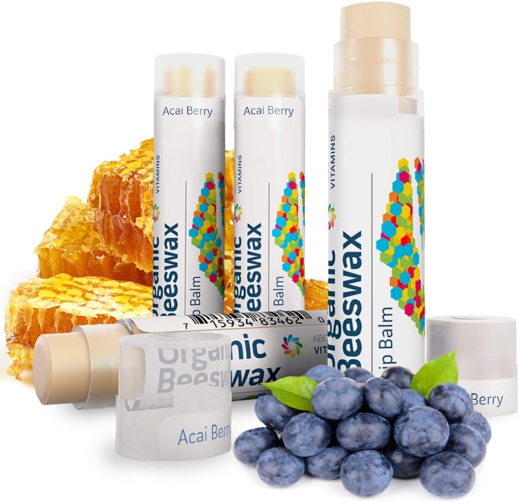 Organic Acai Berry Lip Balm - Multi-Pack of 4 Natural Lipbalm - Long Lasting Moisturizing Repair for Dry and Chapped Lips - Only Organic Beeswax, Vitamin E, Rosemary, Calendula Extract.