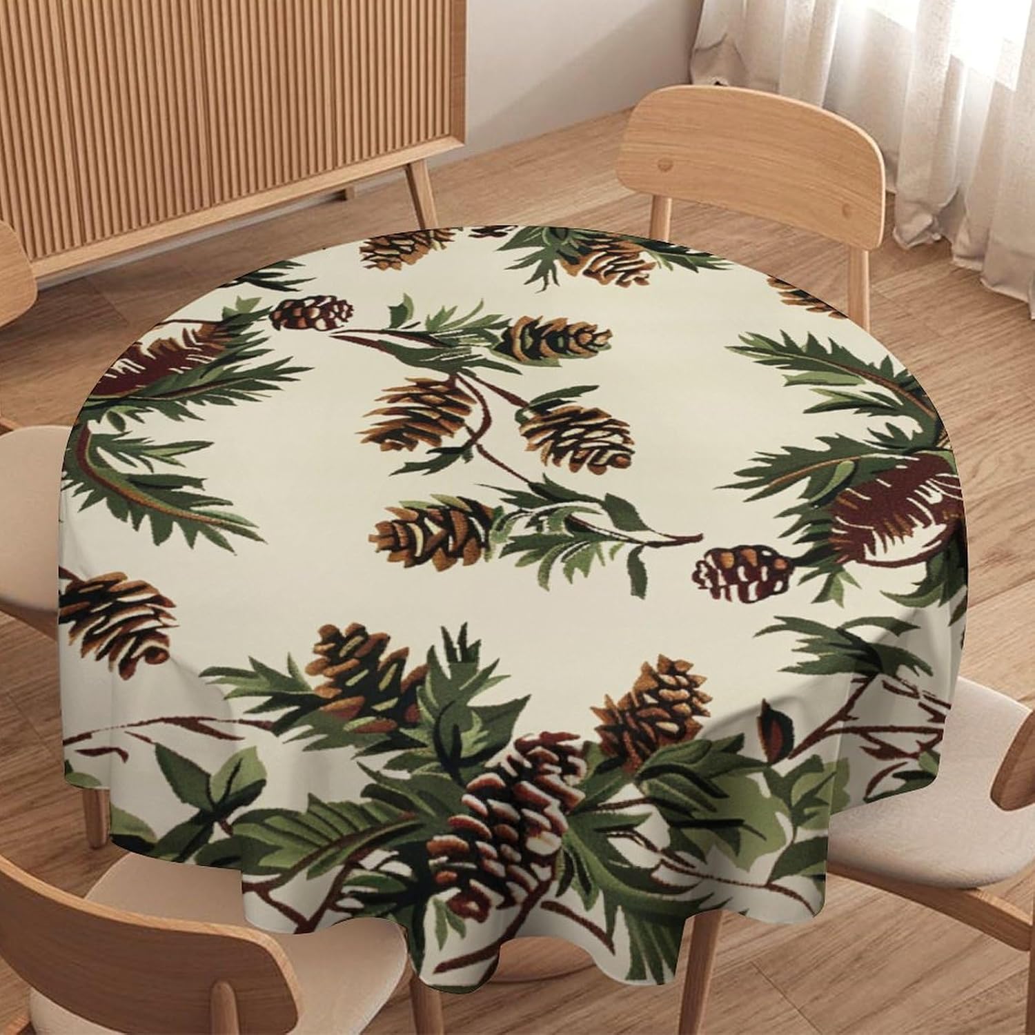 Round Tablecloth Woodland Pinecone, Washable Retro Rustic Pine Leaves Table Cover for Kitchen Dining Room, Indoor Outdoor Decor for Picnic Party, 70 Inch