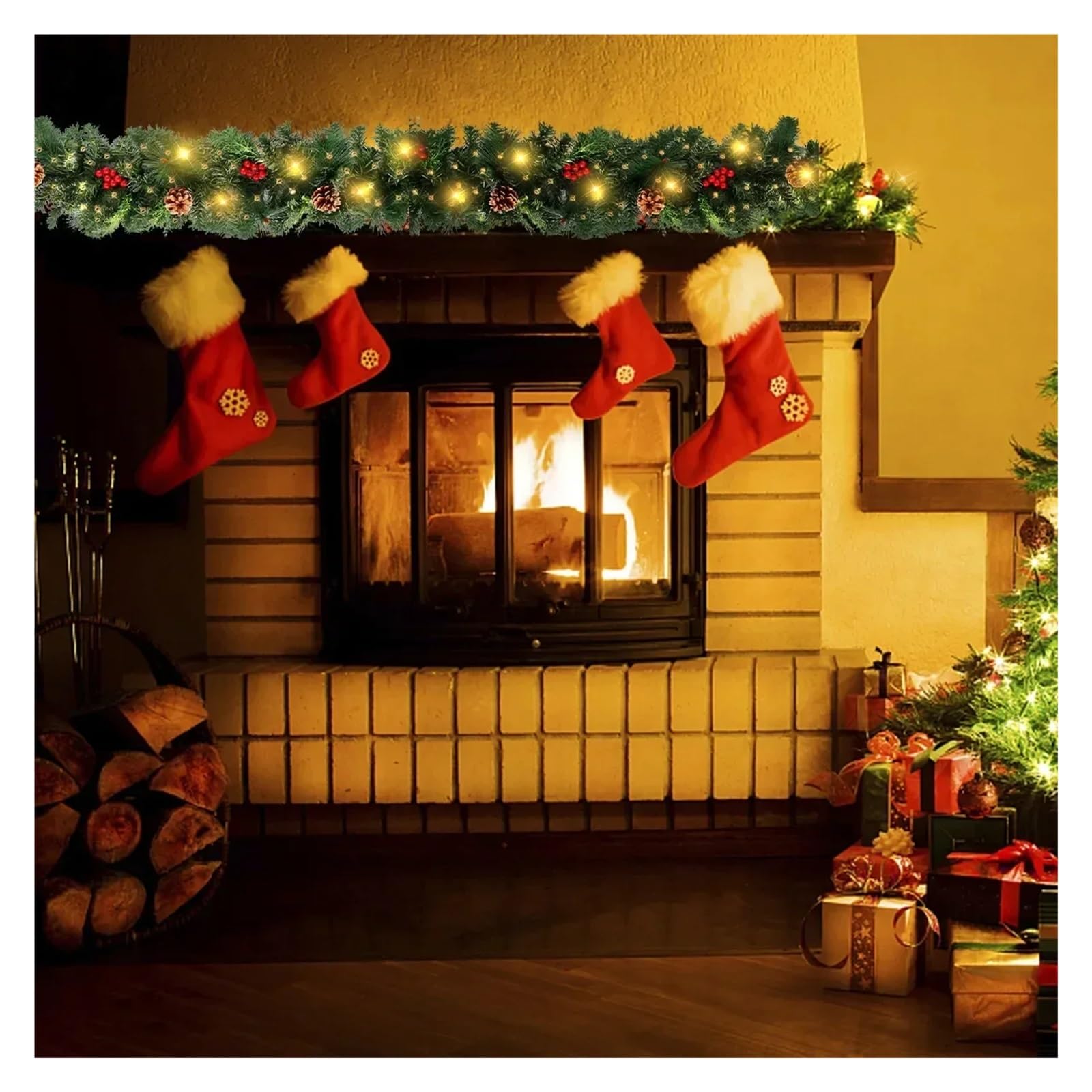 Guirnalda de Navidad Coronas navideñas con piñas y Frutos Rojos, Guirnalda navideña Artificial for chimeneas, escaleras, Puerta Principal, decoración de Año 2.7M No Light