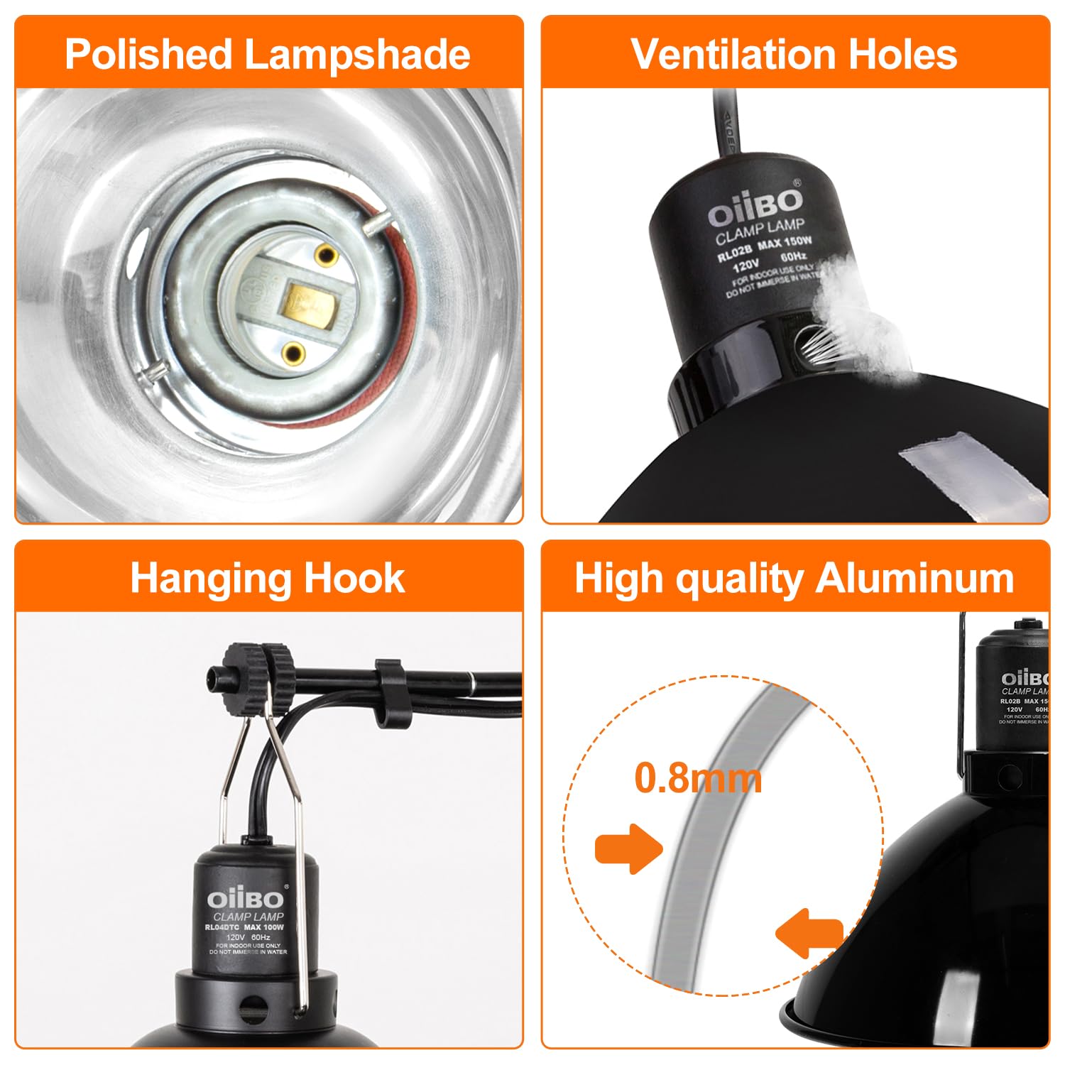 Oiibo Reptile Light Fixture with Dimming Thermostat, 8.5 Inch Dome Lamp Cap Reptile Heat Lamp Fixture,Terrariums Light Fixture for UVB Bulb Basking Heat Bulb, Max 150W - image 5