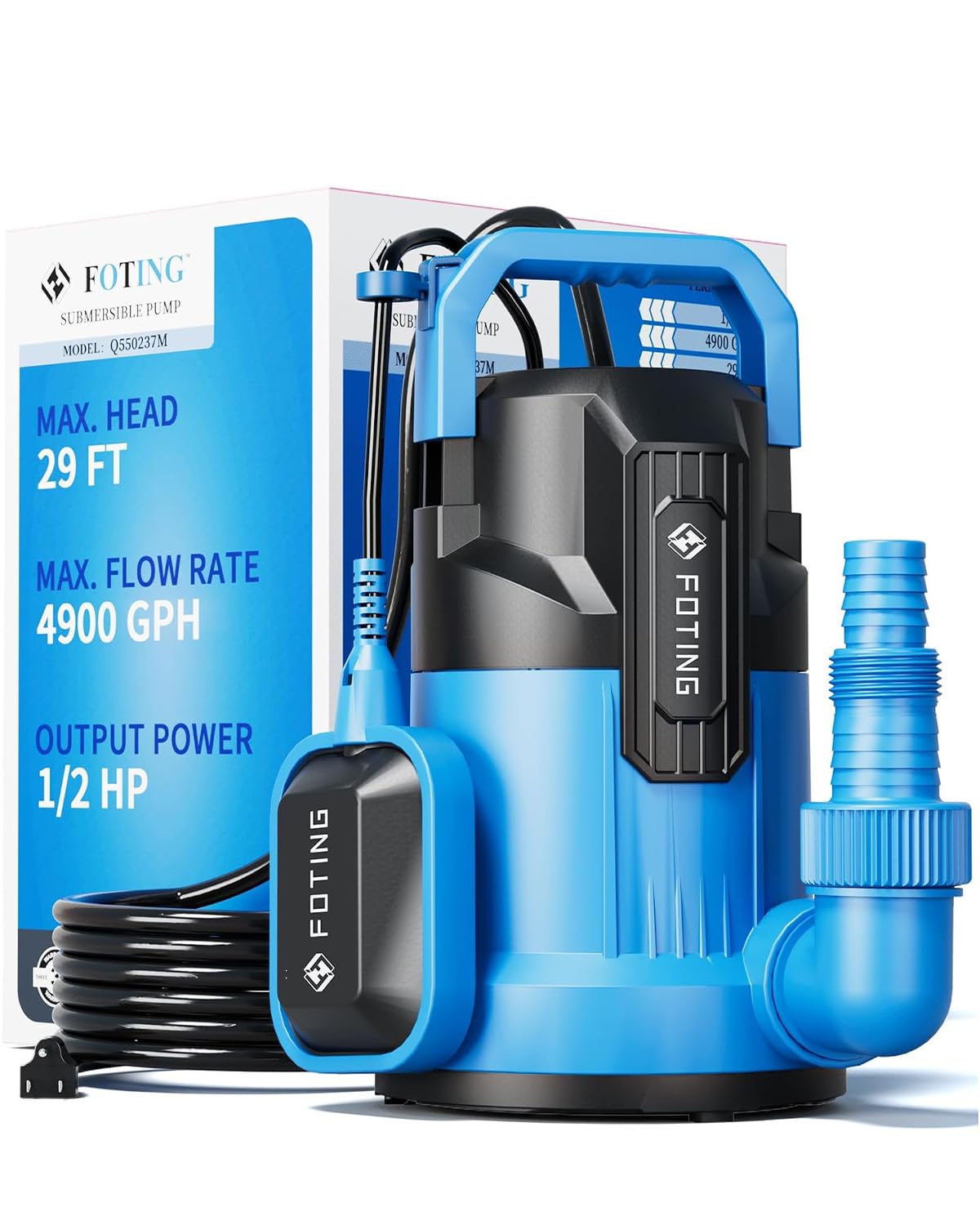 FOTING Sump Pump, 1/2HP 4900GPH High Flow Clean&amp;Dirty Submersible Water Pump with Float Switch, Thermoplastic Electric Portable Utility Pump for Pool Draining Hot Tub Garden Basement