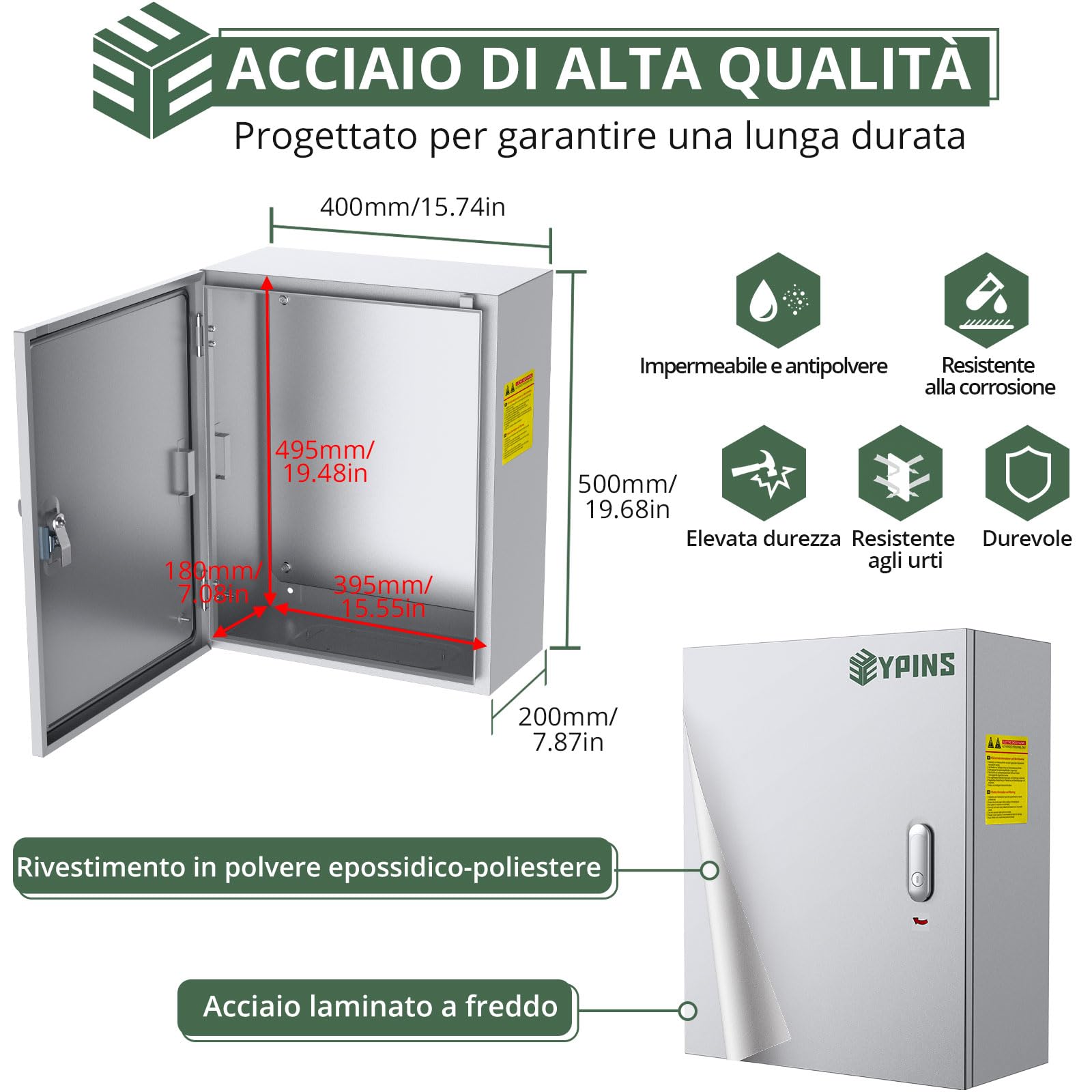 EYPINS Metalowa skrzynka rozdzielcza, wodoszczelna, 400 x 500 x 200 mm, obudowa elektryczna ze stali walcowanej na zimno z aluminiowym cylindrem zamykającym, zdejmowana płyta montażowa do garażu