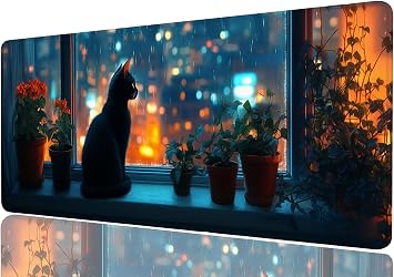 Black Cat Gaming Mouse Pad, Green Plants Anime Extended Gaming Mouse Pad Mat with Stitched Edge Non-Slip Base Big Mouse Pad, XXL Extended Mouse Protector for Home Office, 31.5x11.8