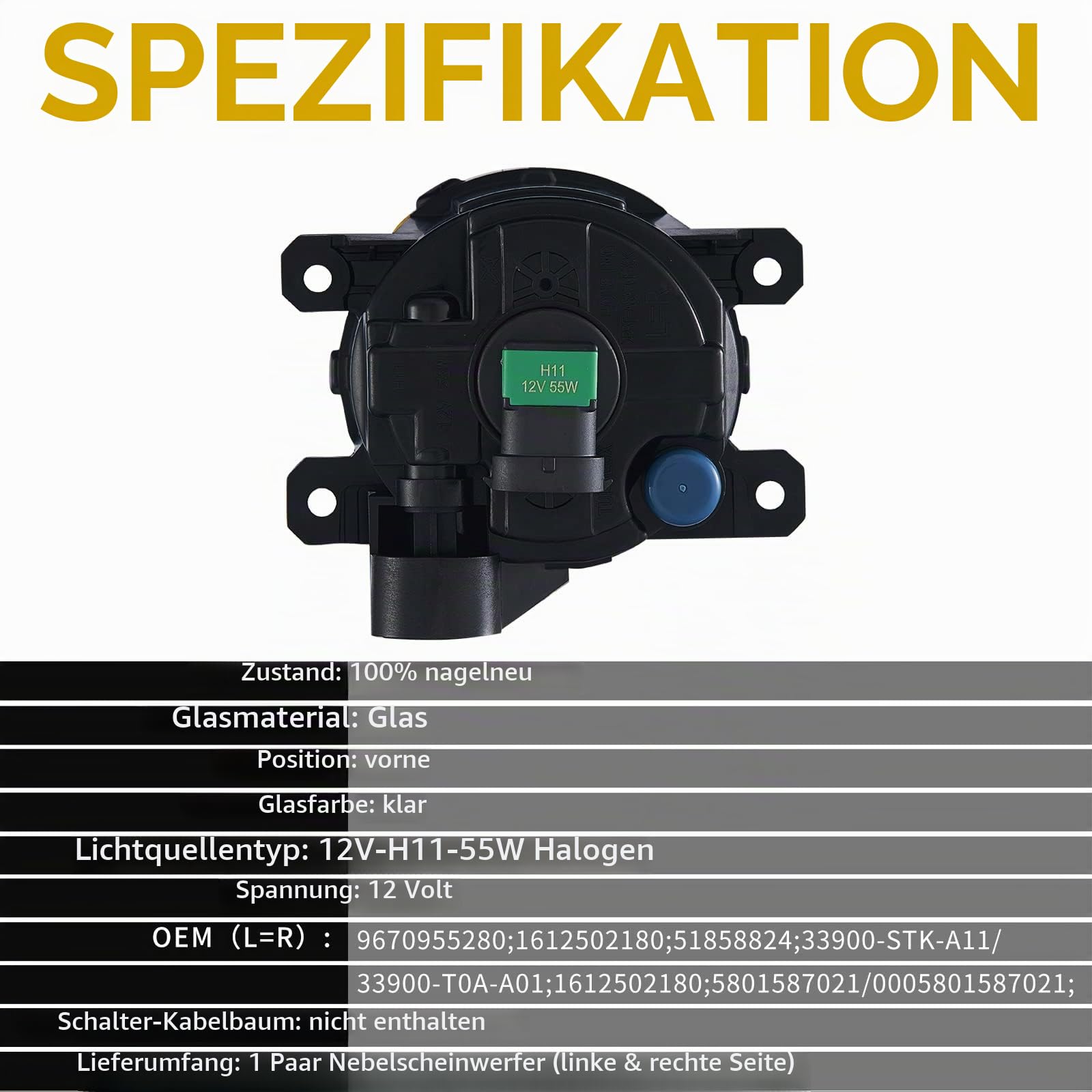 2X Nebelscheinwerfer für FIAT (500L DOBLO DUCATO PANDA PUNTO EVO) CITROËN (DS5 JUMPER), PERGEOT BOXER IVECO DAILY VI 6 HONDA (CIVIC IX 9 CR-V ACCORD VIII 8) Klar Glas