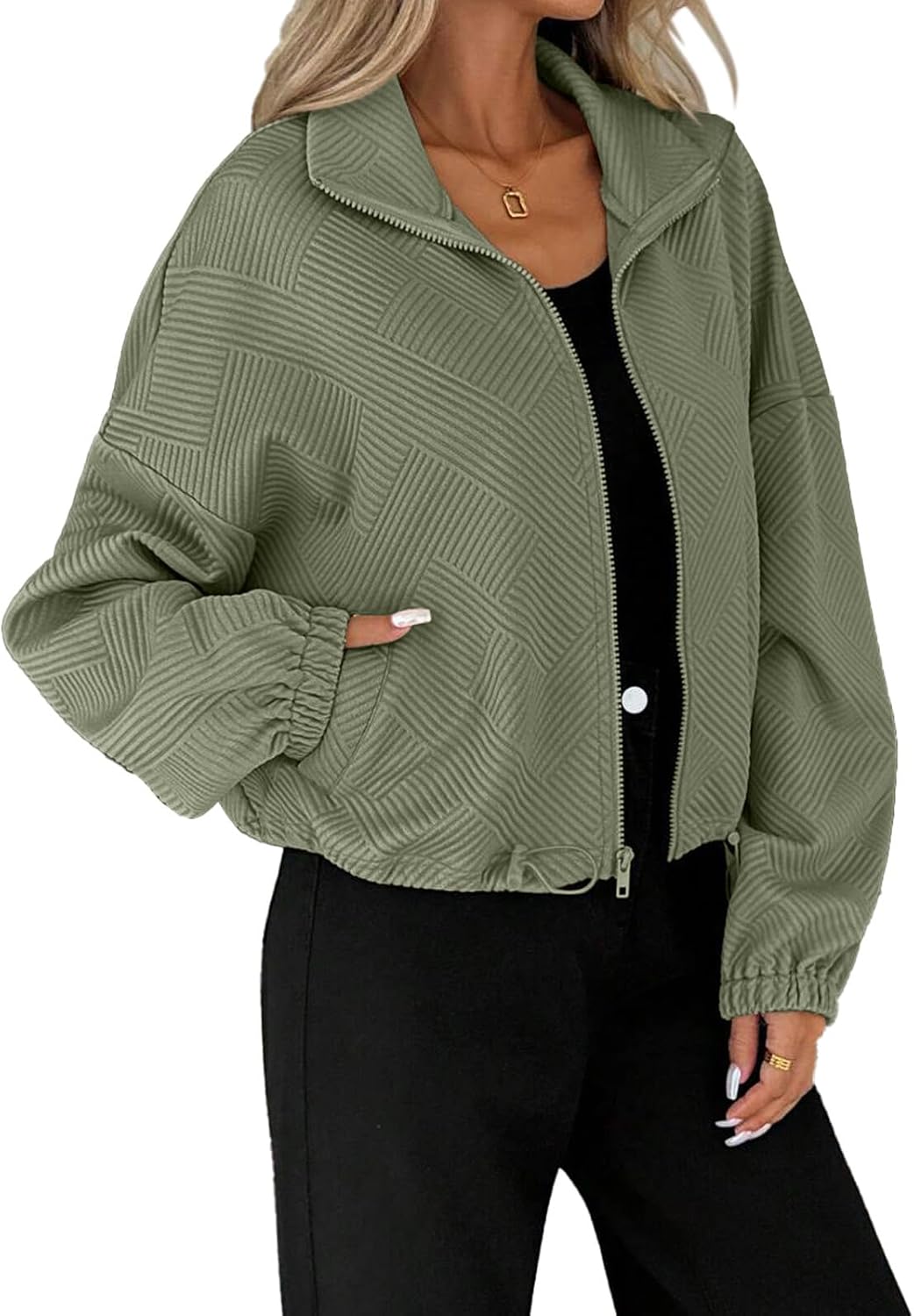 KARRESLY Women’s Cropped Jacket Stand Collar Long Sleeve Lightweight Casual Zip Up Outerwear Coat with Pockets