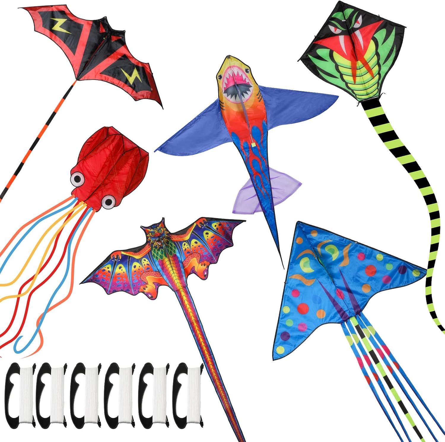 6 Pack Bulk Large Kites for Adults, Easy to Fly Animal Kites Set Octopus Shark Dragon Bat Fish, with 328ft String, for Outdoor Beach Family Flying