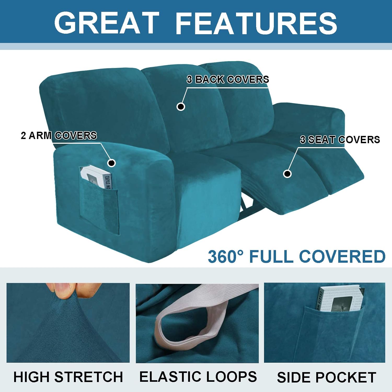 Get Cheap Price 8-Pieces Velvet Recliner Covers Stretch 3 Sofa Reclining Couch Covers Home RV Theater Seating with Side Pocket, Washable Furniture Protector with Elasticity for Kids Pet, Thick Soft (Peacock Blue) Review Discount 8-Pieces Velvet Recliner Covers Stretch 3 Sofa Reclining Couch Covers Home RV Theater Seating with Side Pocket, Washable Furniture Protector with Elasticity for Kids Pet, Thick Soft (Peacock Blue)