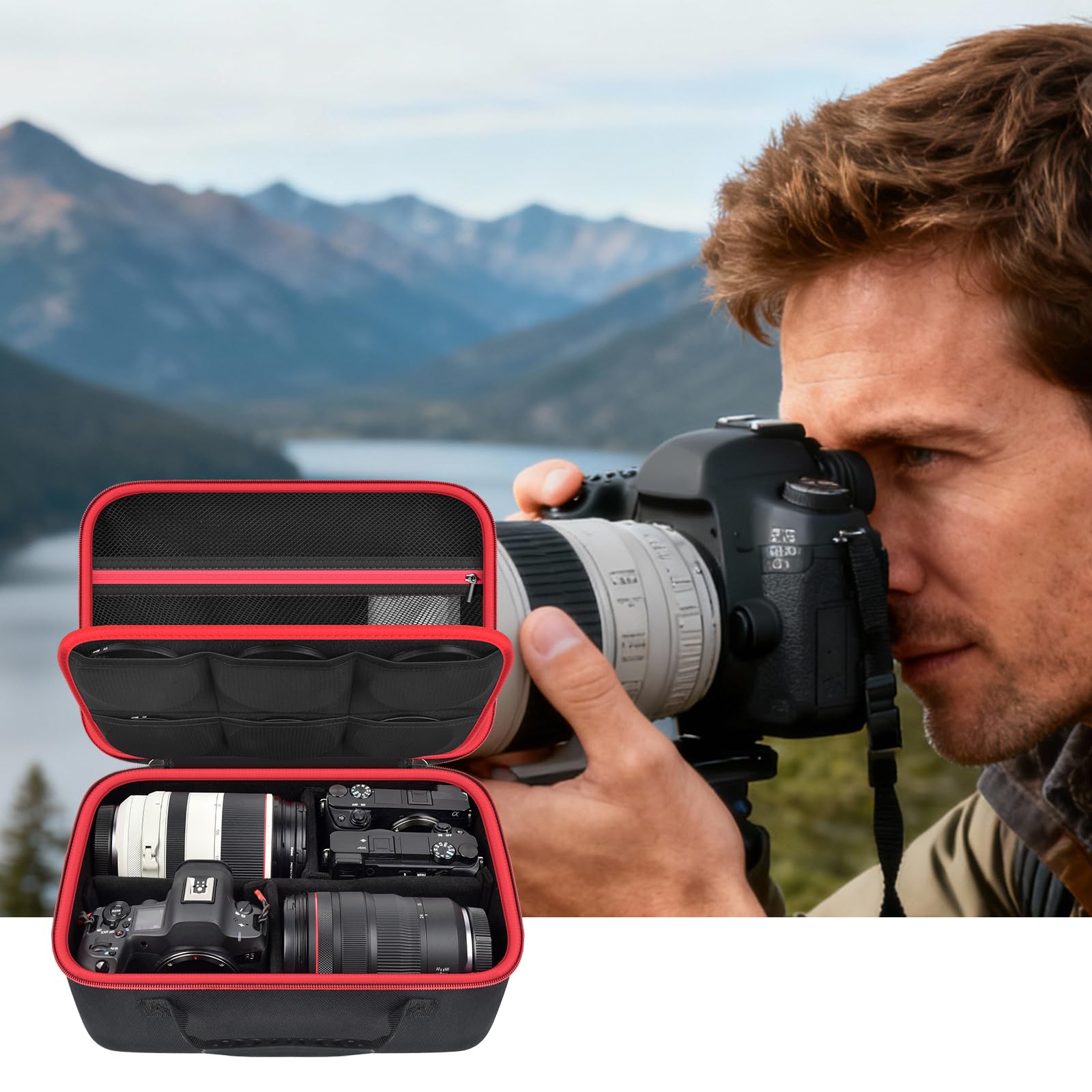Custodia per fotocamera Canon EOS Rebel T7/R50/R6 Mark II/R100, per Sony Alpha 7 IV/ ZV-E10/ A6400/ A6700/A6100, per Nikon D7500 DSLR SLR, borsa per obiettivo/batteria/treppiede, con tracolla - solo