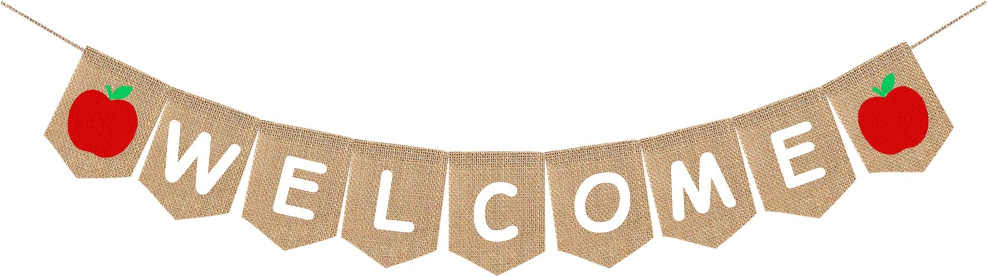 Whaline Welcome Burlap Banner, Back to School Teacher, 2020 First Day of School Banner, Apple Banner, Party Backdrop, No DIY Required, Hanging Decoration Supplies for Classroom,Office, Home