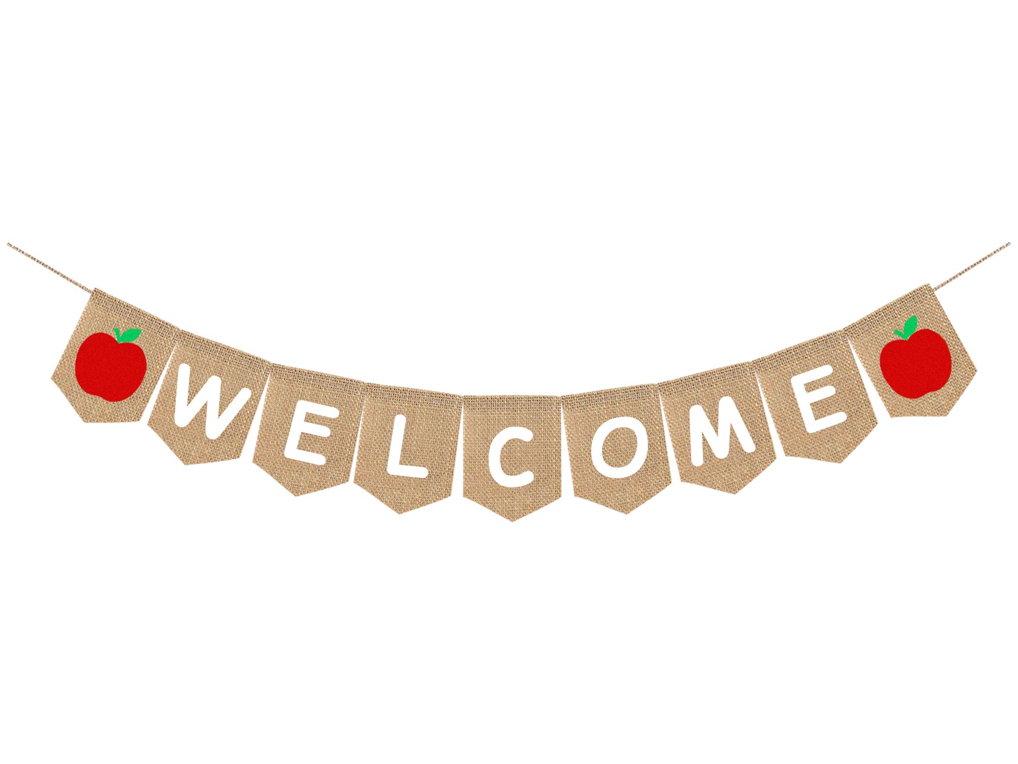 Whaline Welcome Burlap Banner, Back to School Teacher, 2020 First Day of School Banner, Apple Banner, Party Backdrop, No DIY Required, Hanging Decoration Supplies for Classroom,Office, Home