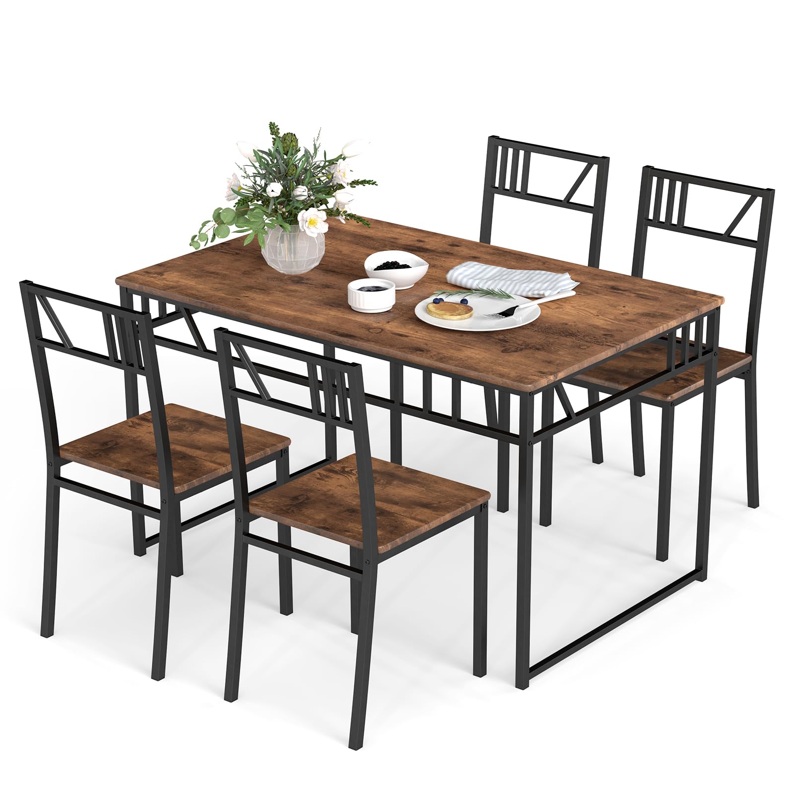 TANGZON Dining Table and 4 Chairs, 5 Pieces Wooden Kitchen Table and Chairs Set 4 with Backrest, Metal Frame Space Saving Dining Set Furniture for Home Living Room Restaurant Bistro (Rustic Brown)