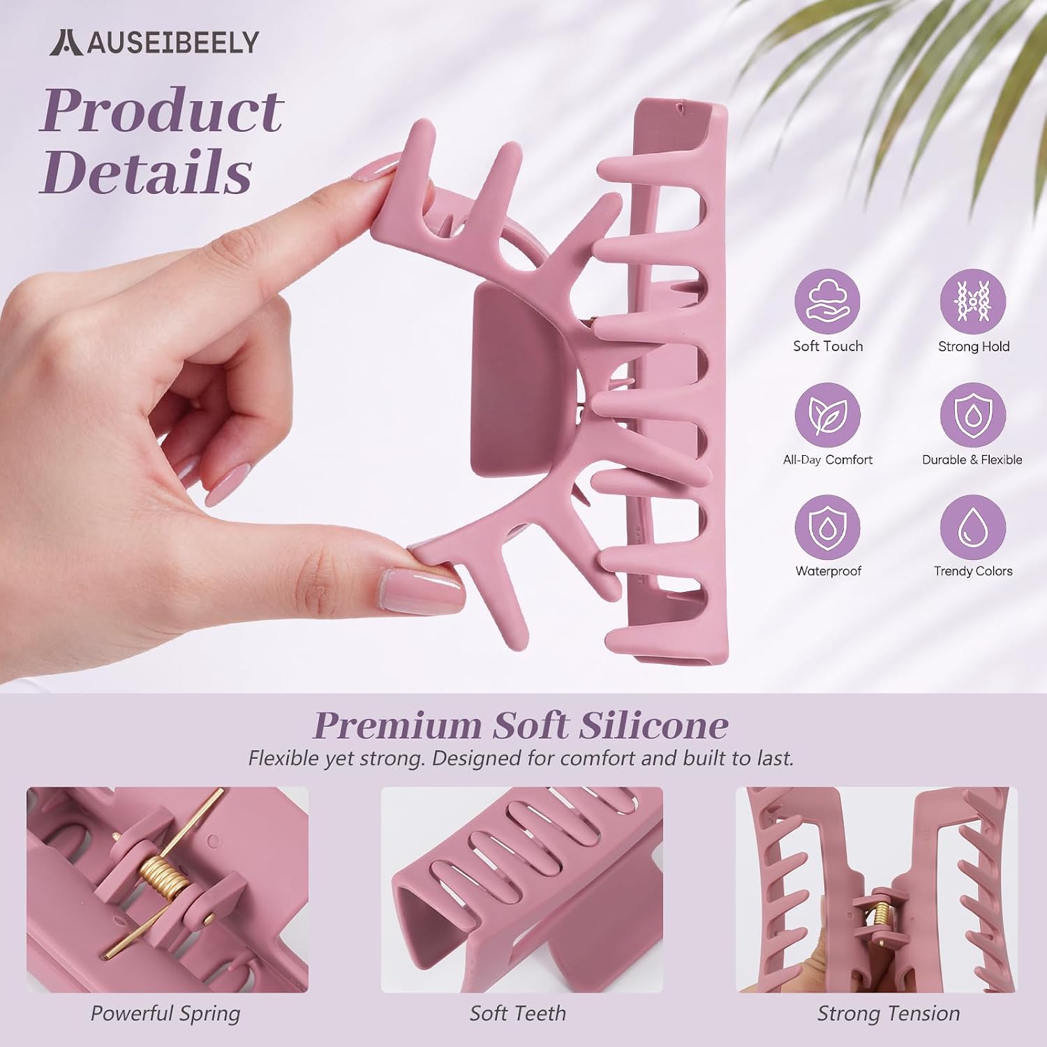 Auseibeely 4Pcs Cloud Claw Clips for Women, 3.35 Inch Medium Silicone Hair Clips, Non-Slip Squishy Claw Clip for Thin/Medium Hair, Strong Hold Durable Square Jaw Clip, Soft & Flexible, Multicolor image 4