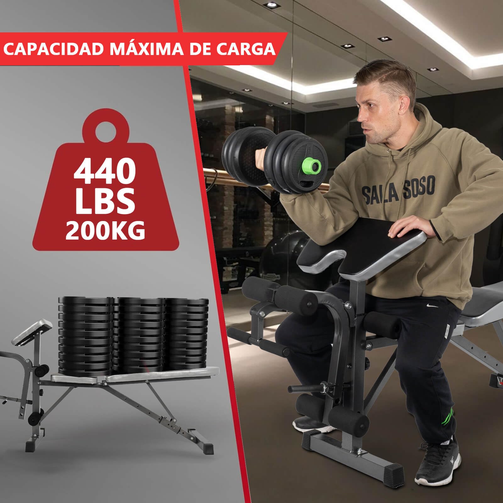 ALLINLIFE Banco de Pesas Ajustable,Banco Musculación Multifuncional,Banco Abdominales con 8 Posiciones Ajustables y 2 Correas de Entrenamiento,Gimnasio Entrenamiento en Casa Capacidad de Carga 200 KG