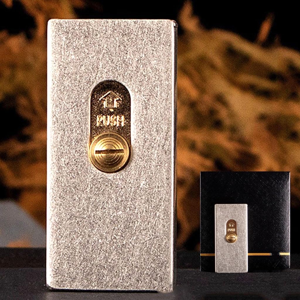 Vintage Trench Lighter,Kerosene Refillable Copper Matchbox Lighter,Push-Pull Ignition, Soft Flame, for Men(Brass 4)